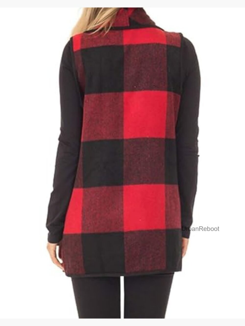 Women's Buffalo Plaid Sleeveless Open Front Vest Cardigan with Pockets - Picture 3 of 7